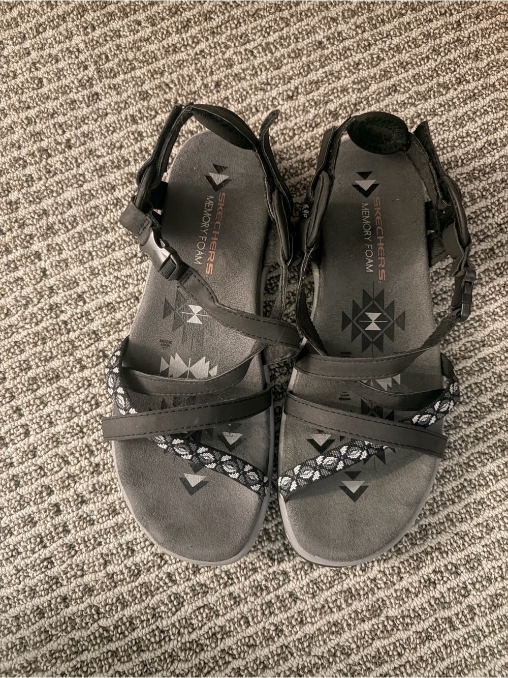 Skechers Women’s Black Strappy Memory Foam Sandals with Patterned Accent